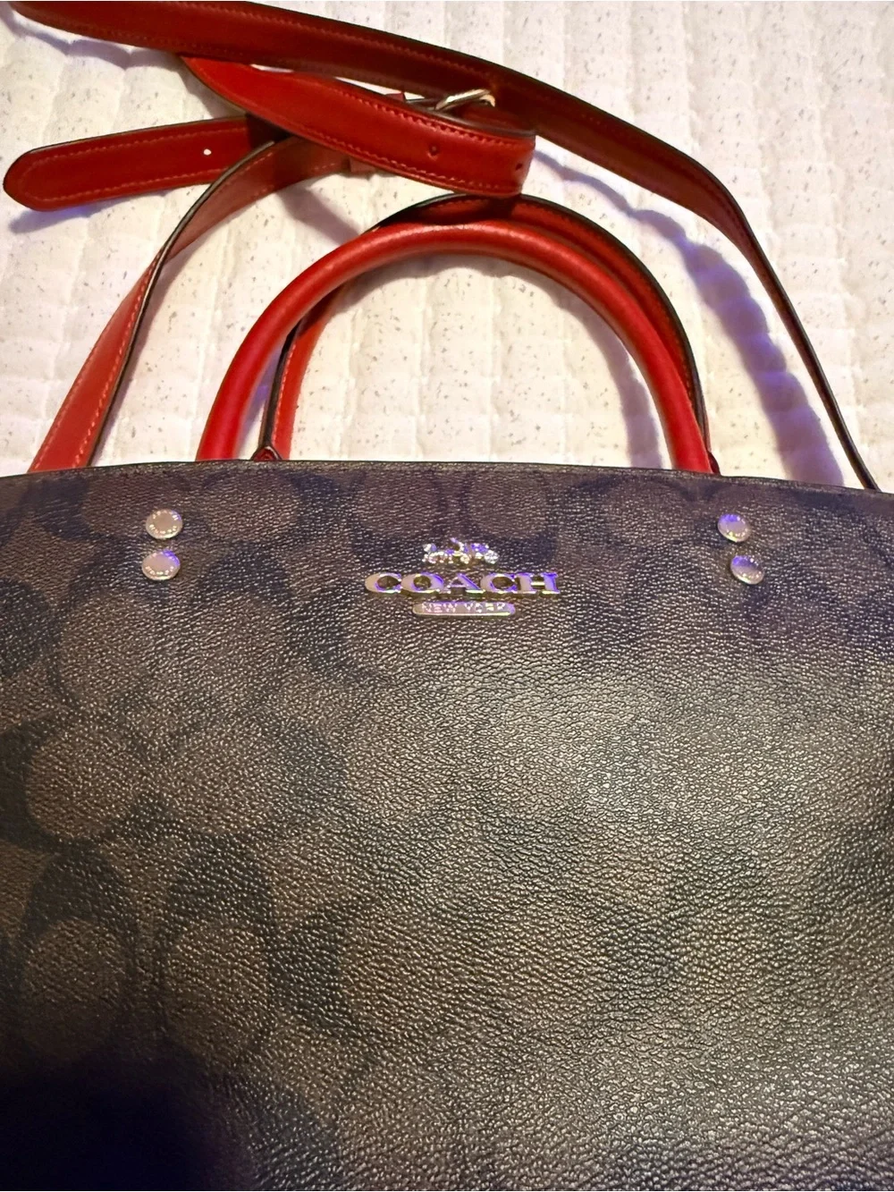Coach Black Signature Satchel with Red Handles and Strap